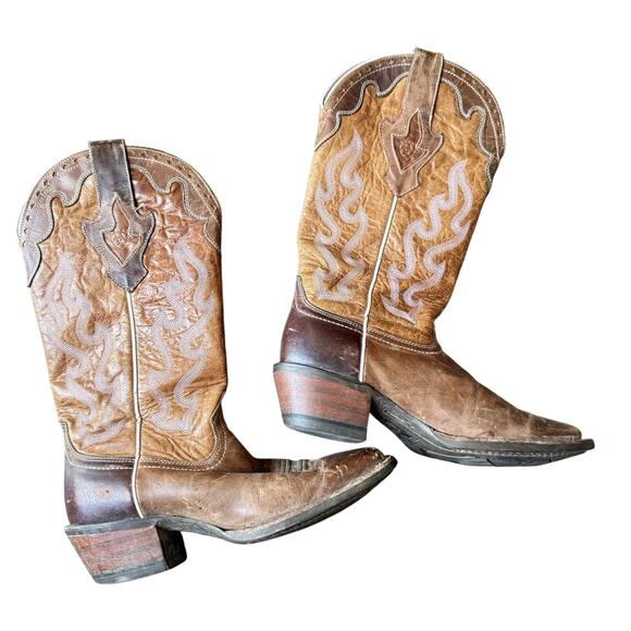 VTG Ariat Western Size 7.5B Leather 12” Pink Flame Square Toe Cowgirl Boots - Picture 1 of 12
